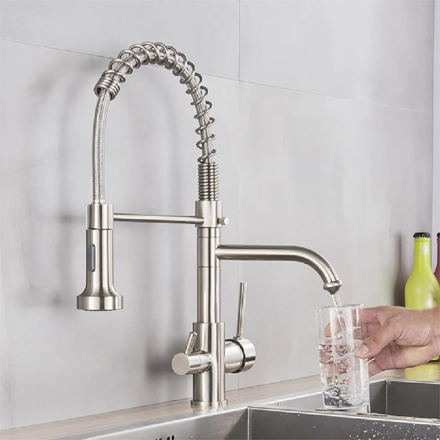 Kitchen Water Filter Faucet Dual Spout Filter Drinking Water Mixer Tap Rotation Taps(Brushed Nickel)