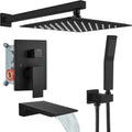 gotonovo Shower System with Tub Spout,Waterfall Tub Shower Faucet Set for Bathroom Head and Handle Set Wall Mounted 3 Function Rough-in Valve and Trim Included 10 inch Shower Head Matte Black