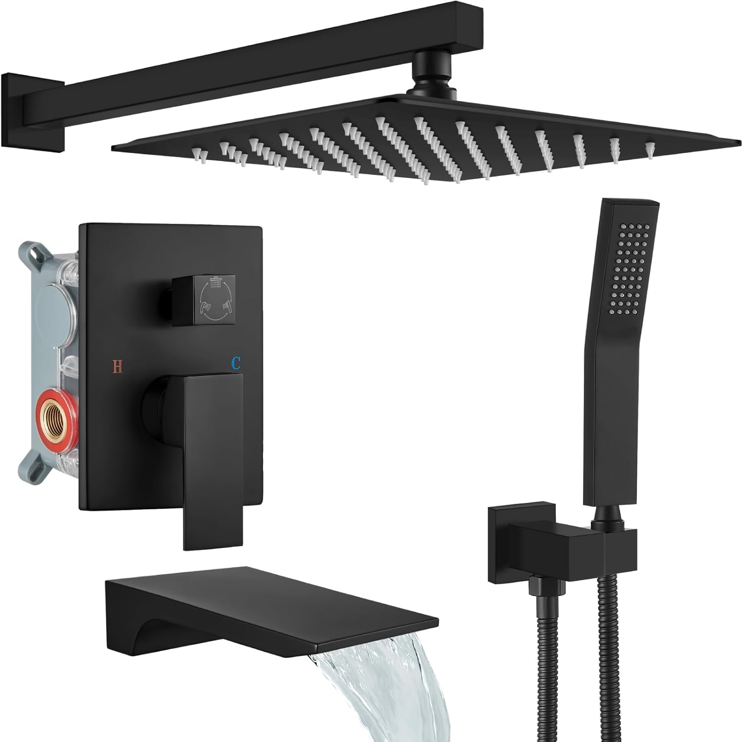gotonovo Shower System with Tub Spout,Waterfall Tub Shower Faucet Set for Bathroom Head and Handle Set Wall Mounted 3 Function Rough-in Valve and Trim Included 10 inch Shower Head Matte Black