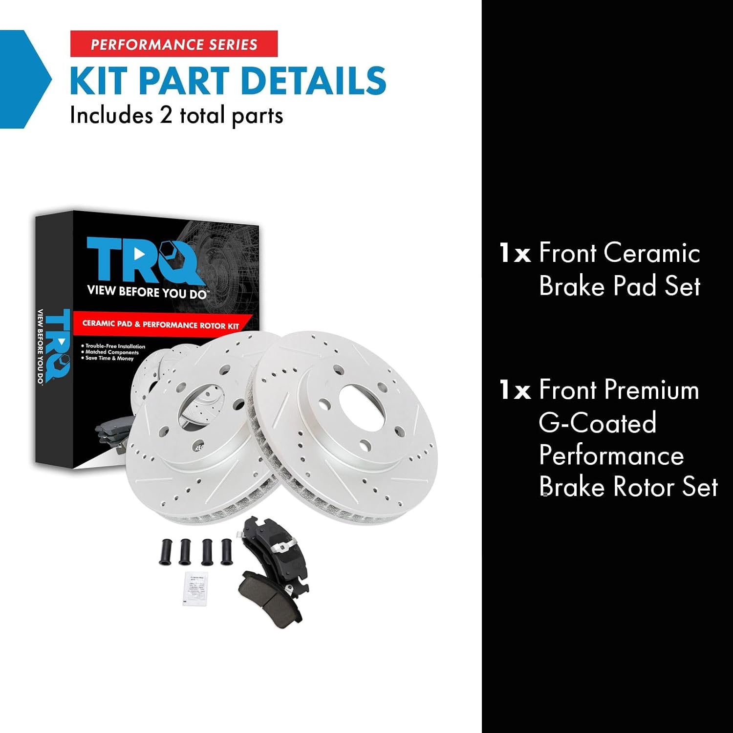 TRQ Performance Front Brake Pad and Rotor Set Ceramic Drilled Slotted G Coated Compatible with 1998-1999 Buick LeSabre Oldsmobile 88 LSS Regency Pontiac Bonneville
