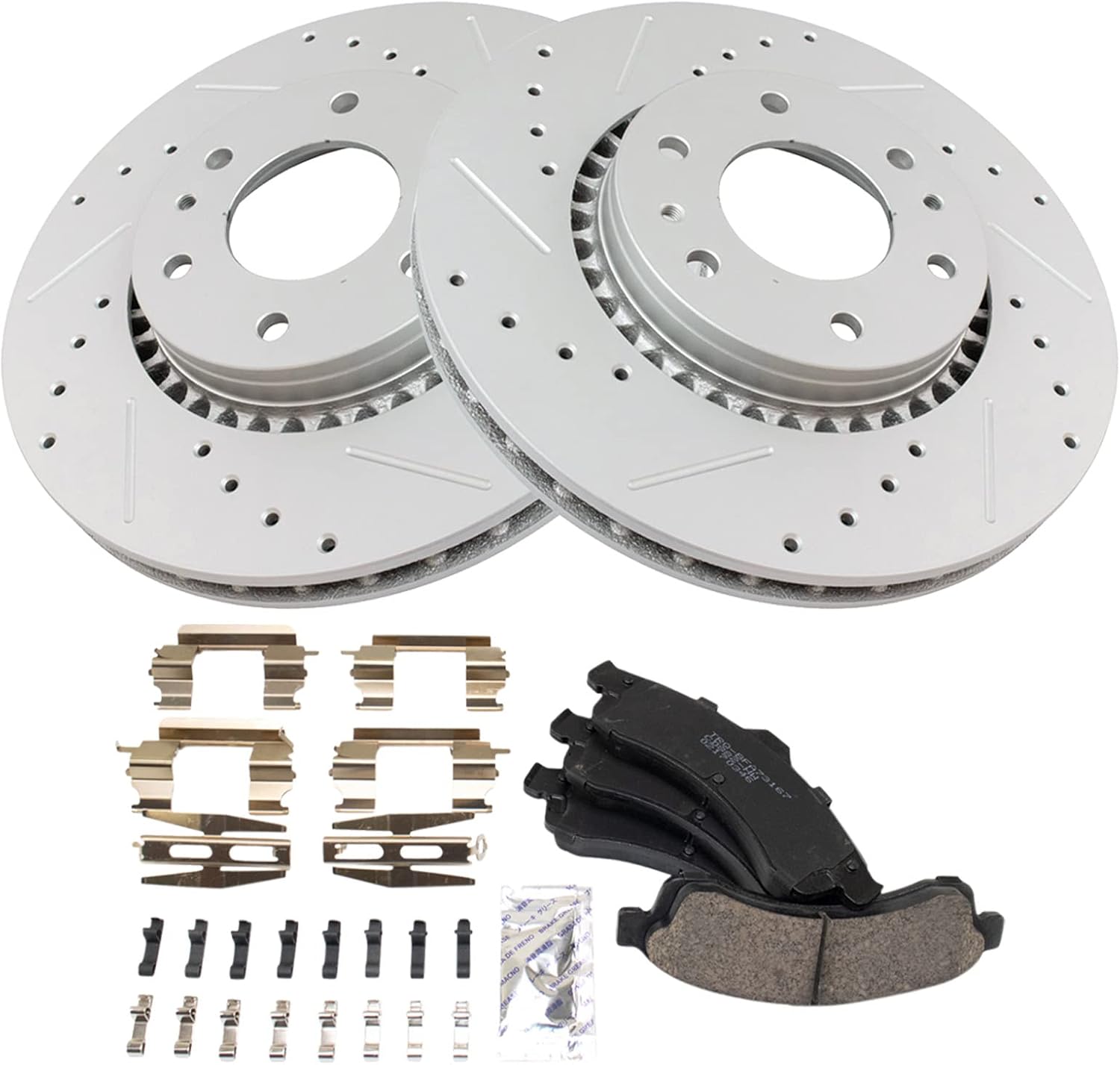 TRQ Performance Front Brake Pad & Rotor Set Ceramic Coated Drilled Solid Rotors Compatible with 02-05 Chevrolet Trailblazer 02-05 GMC Envoy 04-05 Buick Rainier 03-06 Isuzu Ascender 2005 Saab 9-7x