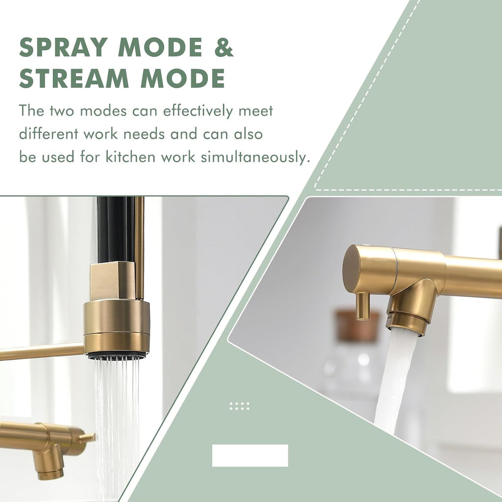 GIMILI Commercial Dual-Spout Gold Kitchen Sink Faucet with Pull Down Sprayer