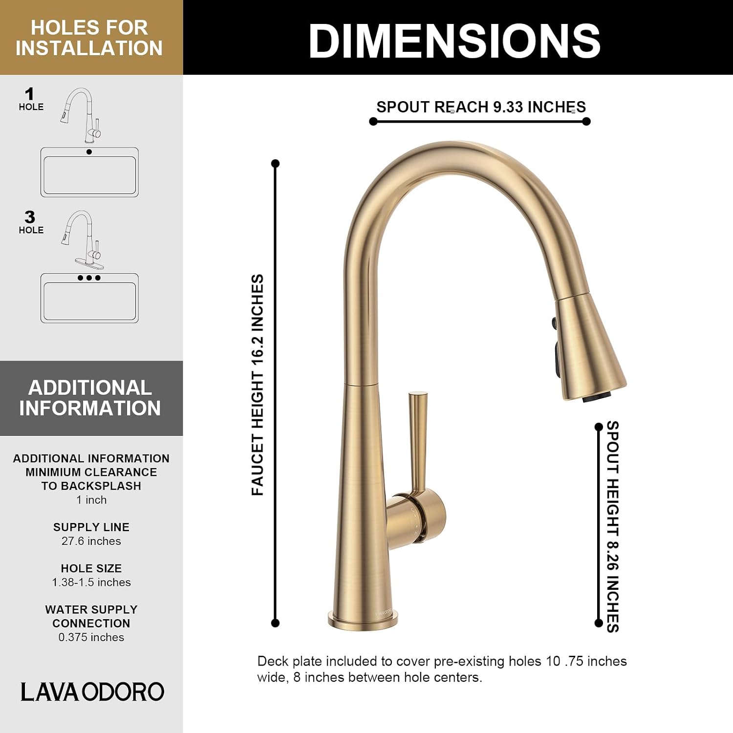 Lava Odoro Champagne Gold Kitchen Faucet with Pull Down Sprayer, Kitchen Sink Faucets, Single Hole Sink Faucet with 3-Function Magnetic Sprayer Deck Plate, Champagne Gold, KF321-CB