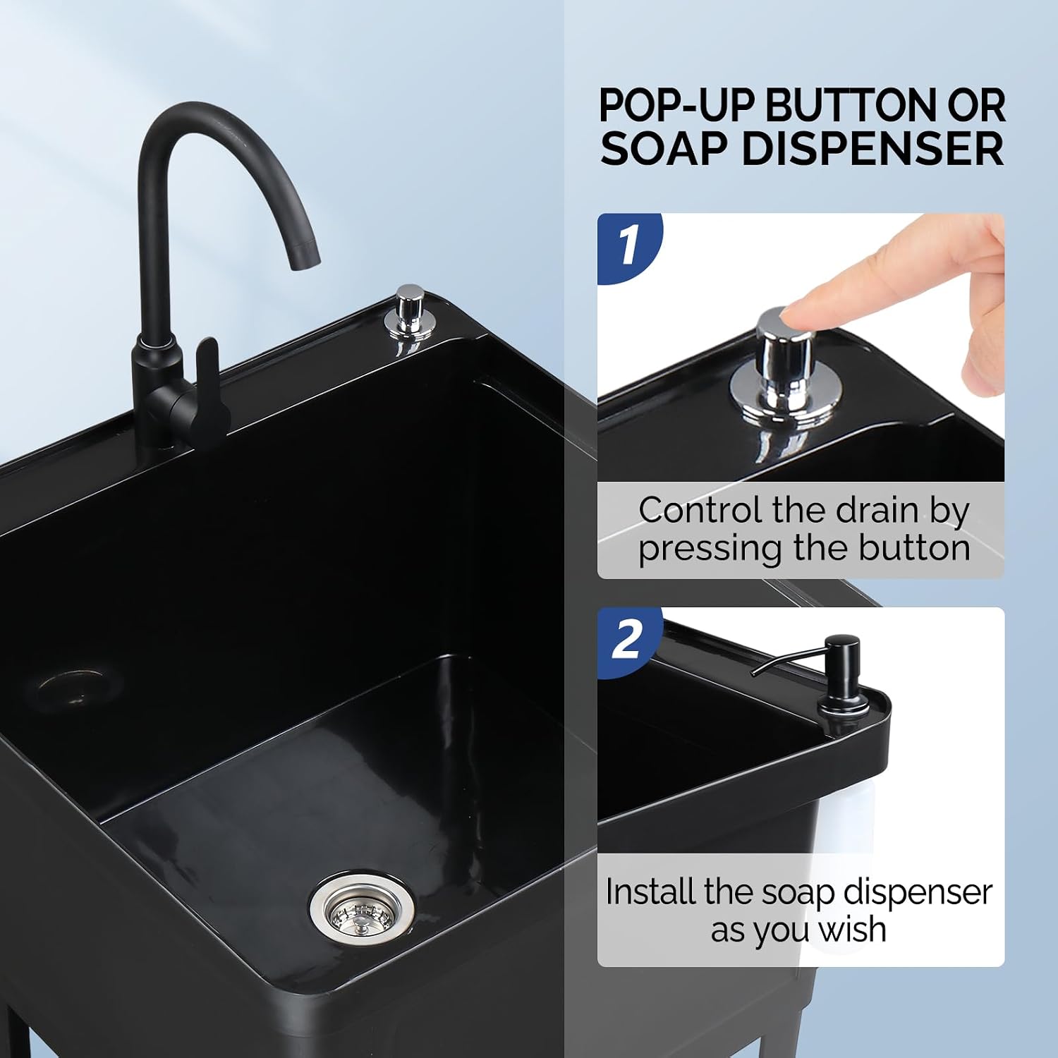 VINGLI 21-Gallon Utility Sink Laundry Tub for Washing Room, 23.6'×23.6'×36.2' Freestanding Utility Sink with Stainless Steel Faucet, Black