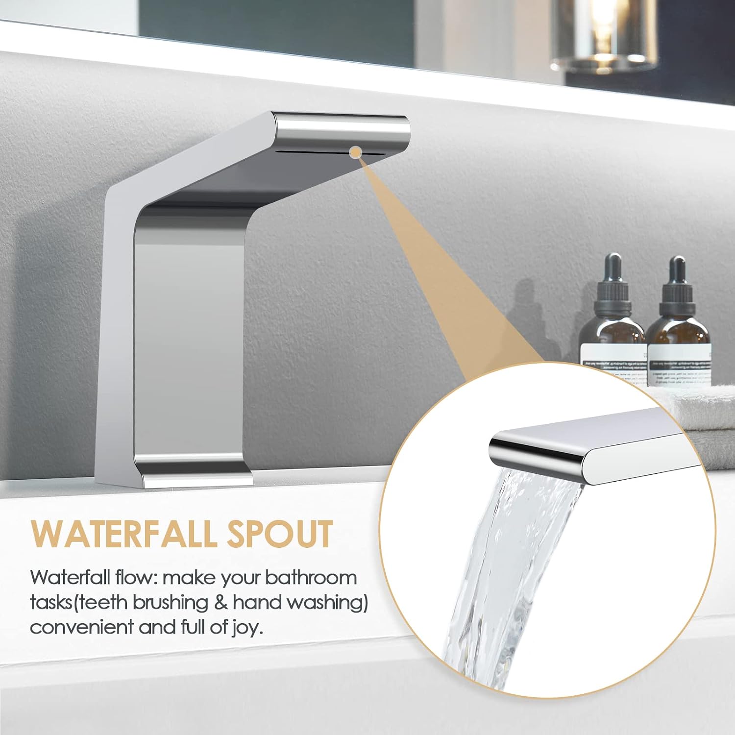Bathtub Faucet Set with 3 Handle, Deck Mount 5 Hole Roman Waterfall Spout Bath Tub Faucet with Valve, Chrome