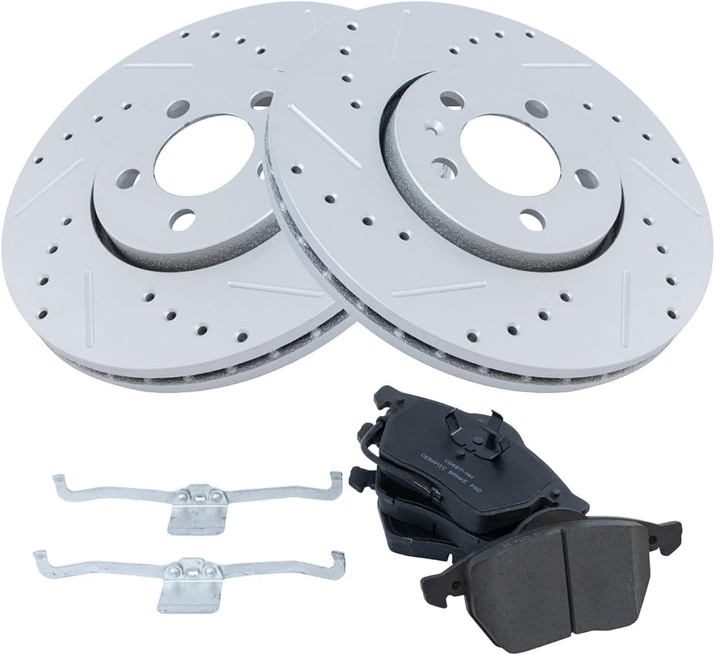 TRQ Performance Front Brake Pad and Rotor Set Ceramic Coated Drilled Slotted Rotors Compatible with 1999-2010 Volkswagen Beetle 1999-2006 Golf 1999-2005 Jetta