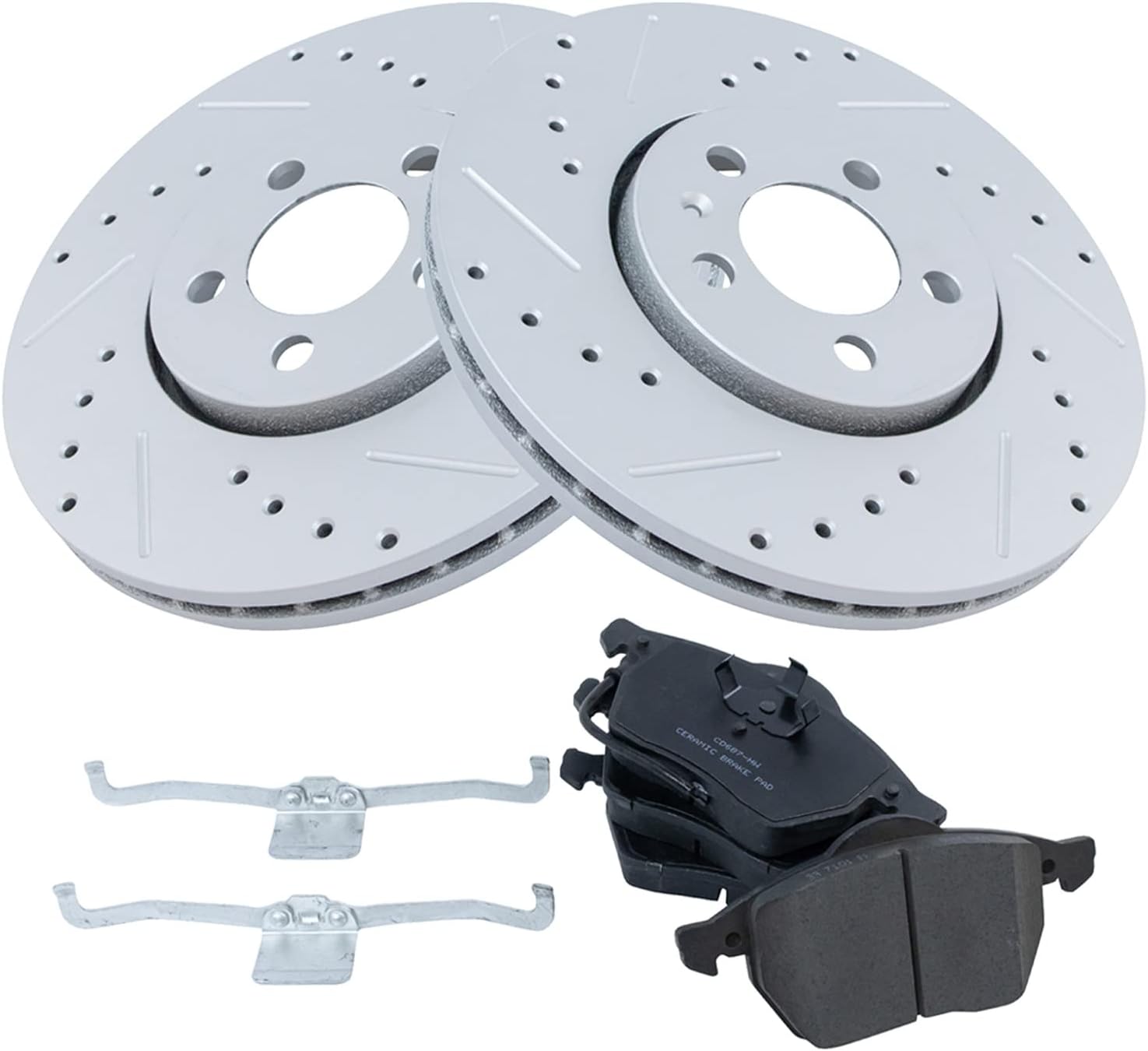 TRQ Performance Front Brake Pad and Rotor Set Ceramic Coated Drilled Slotted Rotors Compatible with 1999-2010 Volkswagen Beetle 1999-2006 Golf 1999-2005 Jetta