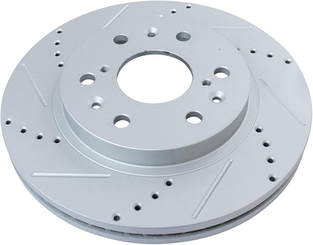 TRQ Performance Front Ceramic Brake Pad and Rotor Set Coated Drilled Slotted Compatible with 2008-13 Chevrolet Silverado 1500 2009-14 Chevrolet Tahoe 2013-19 Cadillac XTS with Heavy Duty Brakes