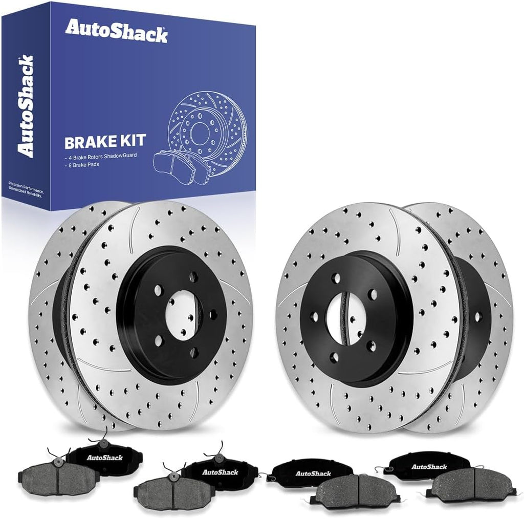 AutoShack Front & Rear Brake Rotors & Premium Pads for Ford, Mustang 2005-2010, RWD V6 4.0L - E-Coated Drilled & Slotted - ShadowGuard