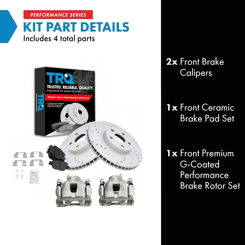 TRQ Performance Front Brake Pad and Rotor Set Ceramic Coated Drilled Slotted Vented Rotors Calipers Compatible with 2005-2010 Scion tC 2000-2005 Toyota Celica
