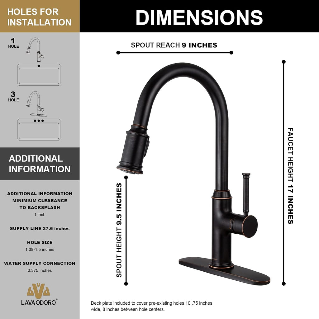 Lava Odoro Oil Rubbed Bronze Kitchen Faucet with Pull Down Sprayer, Single Handle Kitchen Sink Faucet Bronze Faucet for Kitchen Sink 1 Hole and 3 Hole, Deck Plate Included, KF421-ORB