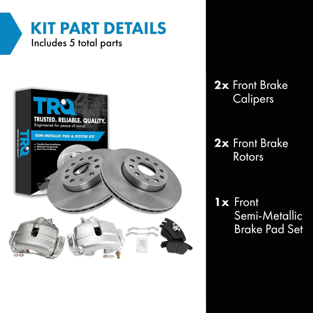 TRQ Front Brake Pad and Rotor Set Semi Metallic Vented Rotors Calipers Compatible with 2005-2015 Volkswagen Jetta 2010-2014 Golf 2006-2009 Rabbit 2012-2019 Beetle 2010 Audi A3