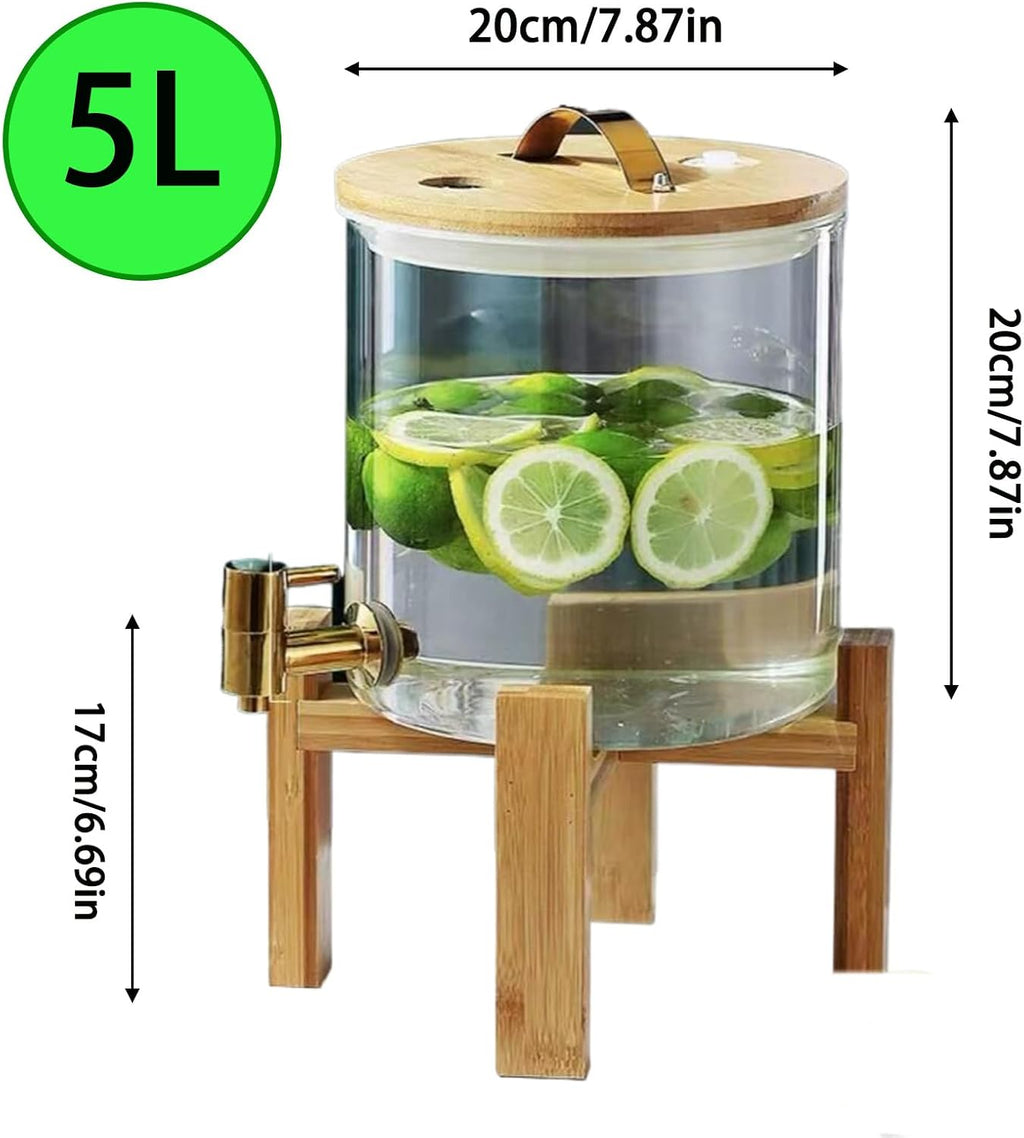 Glass Drink Dispenser,Drinkware with Stand and Lid,Cold Water Pitcher,Juice Pitcher for Parties,Bars,Weddings,Homemade Juices,Picnics,Barbecues and Daily,Silver(Gold Faucet + Bracket 5L)
