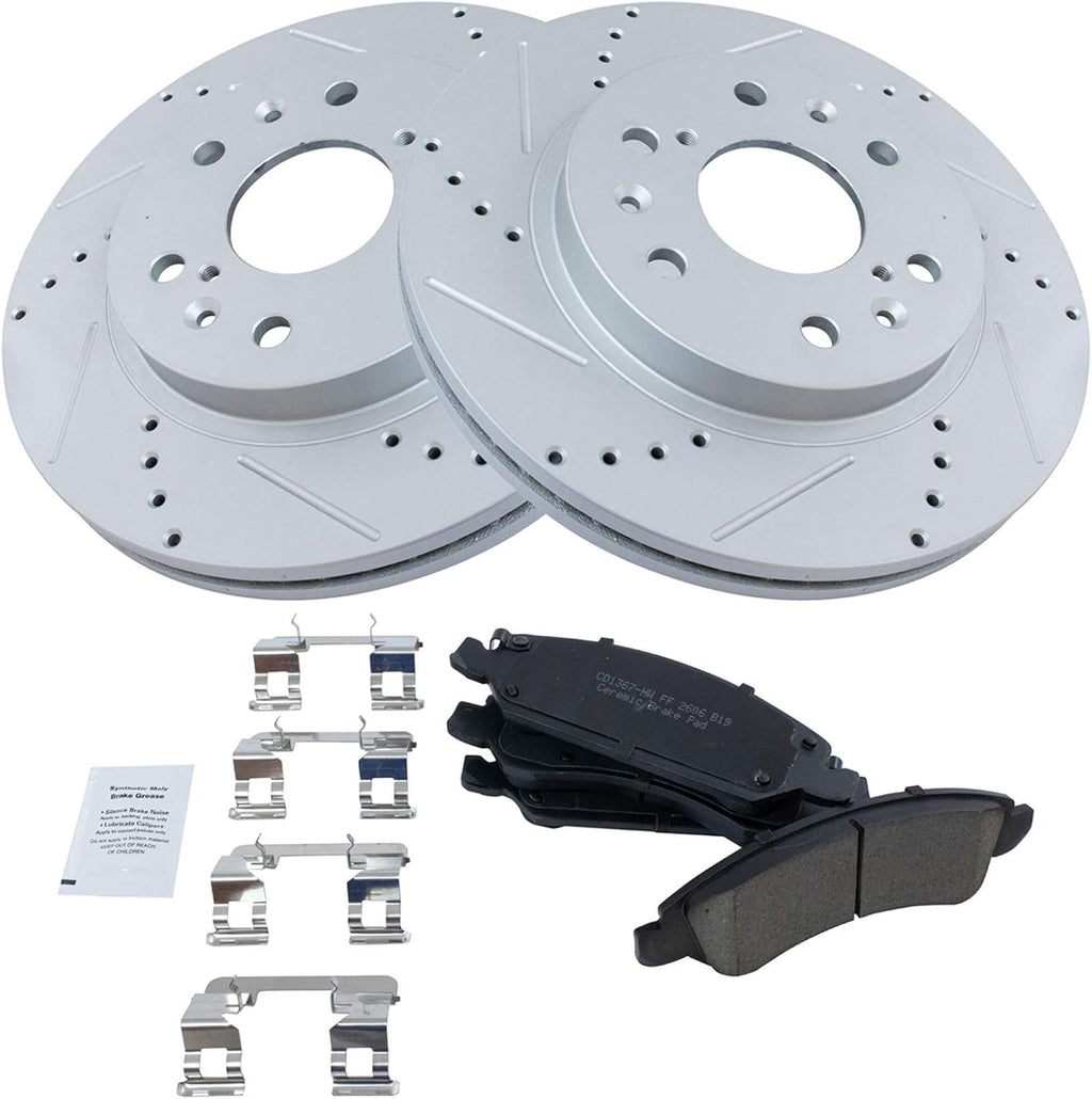 TRQ Performance Front Ceramic Brake Pad and Rotor Set Coated Drilled Slotted Compatible with 2008-13 Chevrolet Silverado 1500 2009-14 Chevrolet Tahoe 2013-19 Cadillac XTS with Heavy Duty Brakes