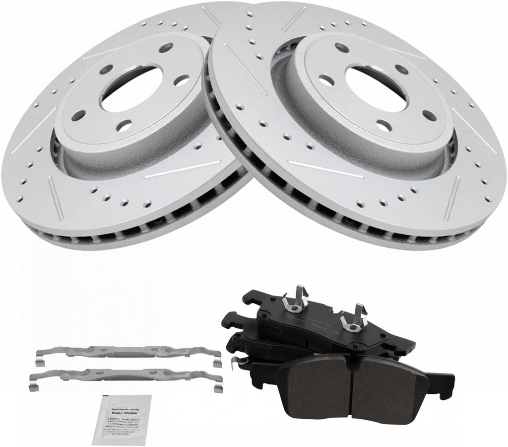 TRQ Performance Front Brake Pad and Rotor Set Ceramic Coated Drilled Slotted Rotors Compatible with 2012-2020 Dodge Durango Jeep Grand Cherokee