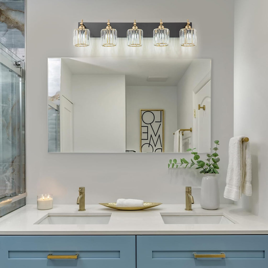 Modern Crystal Bathroom Vanity Lights, Black Gold 5-Lights Bathroom Light Fixtures Over Mirror, Crystal Wall Lighting with Polished Gold Finish(Exclude Bulb)