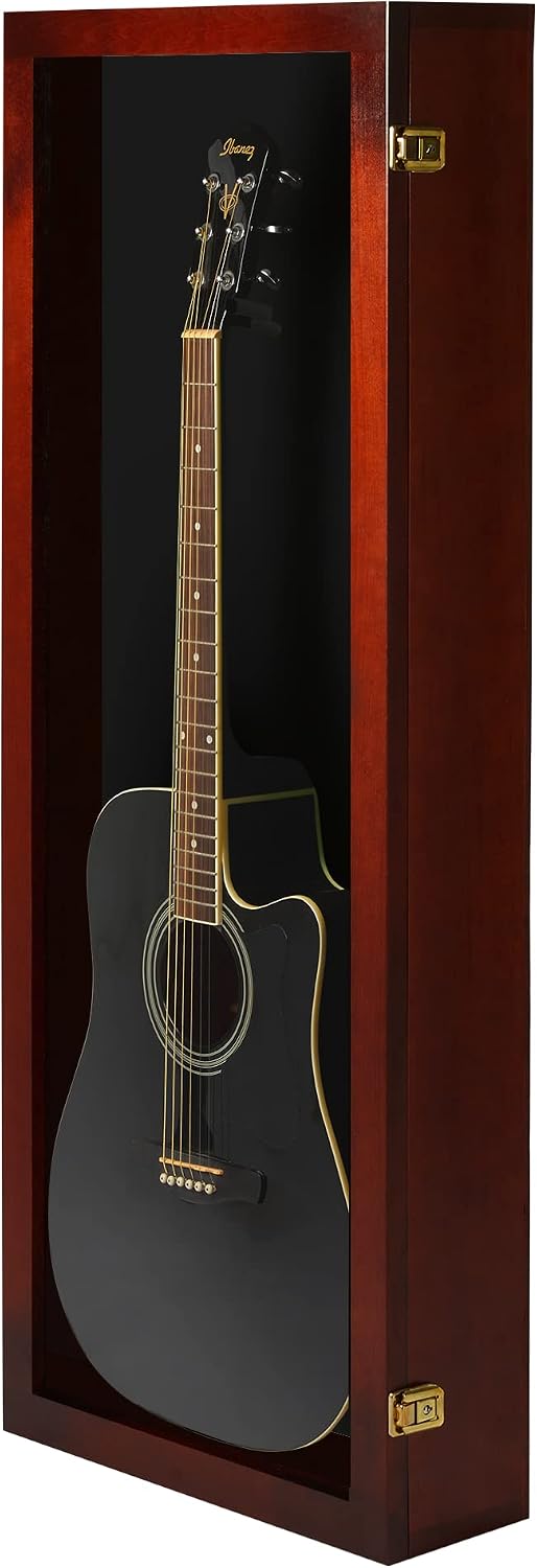 PENNZONI Acoustic Guitar Display Case - Acrylic Acoustic Guitar Case - Guitar Display Case Wall Mount Made from Hardwood Frame & Clear Acrylic - Cherry w/ Black Felt