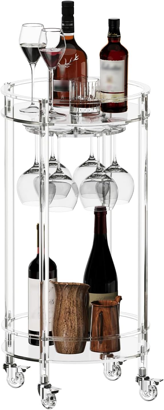Eglaf Acrylic Bar Cart, Rolling Round Bar Cart, 2-Tier Home Serving Cart | Clear Bar Cart with Lockable Wheels, Glass Holders, for Bar, Living Room, Kitchen, 15.7' D x 15.7' W x 31.1' H