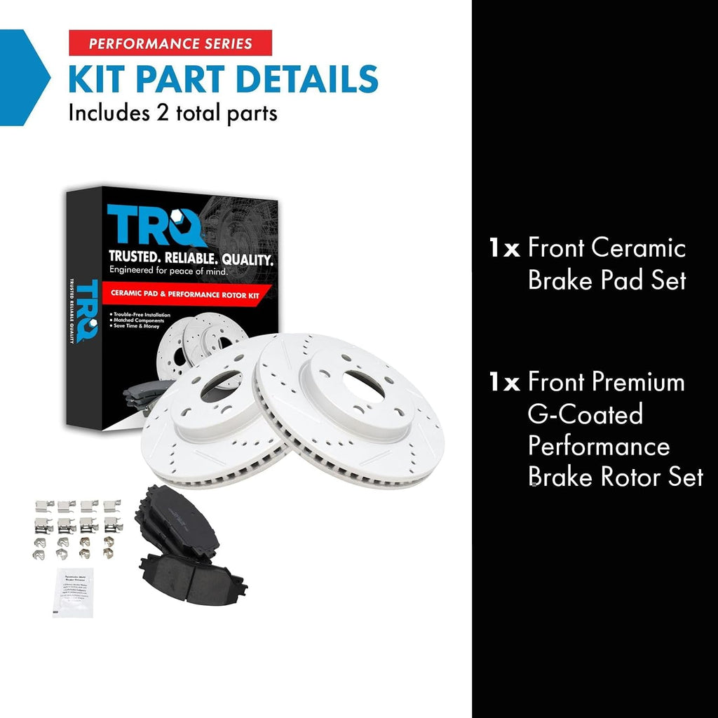 TRQ Performance Front Brake Pad and Rotor Set Ceramic Coated Drilled Slotted Vented Rotors Compatible with 2010-2012 Lexus HS250h 2008-2015 Scion xB 2012-2017 Toyota Prius V 2006-2018 Toyota RAV4