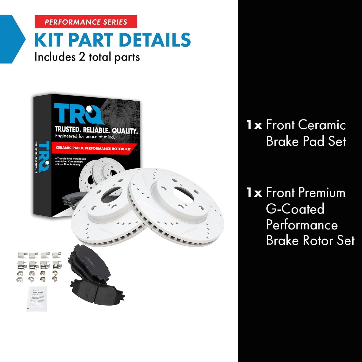 TRQ Performance Front Brake Pad and Rotor Set Ceramic Coated Drilled Slotted Vented Rotors Compatible with 2010-2012 Lexus HS250h 2008-2015 Scion xB 2012-2017 Toyota Prius V 2006-2018 Toyota RAV4