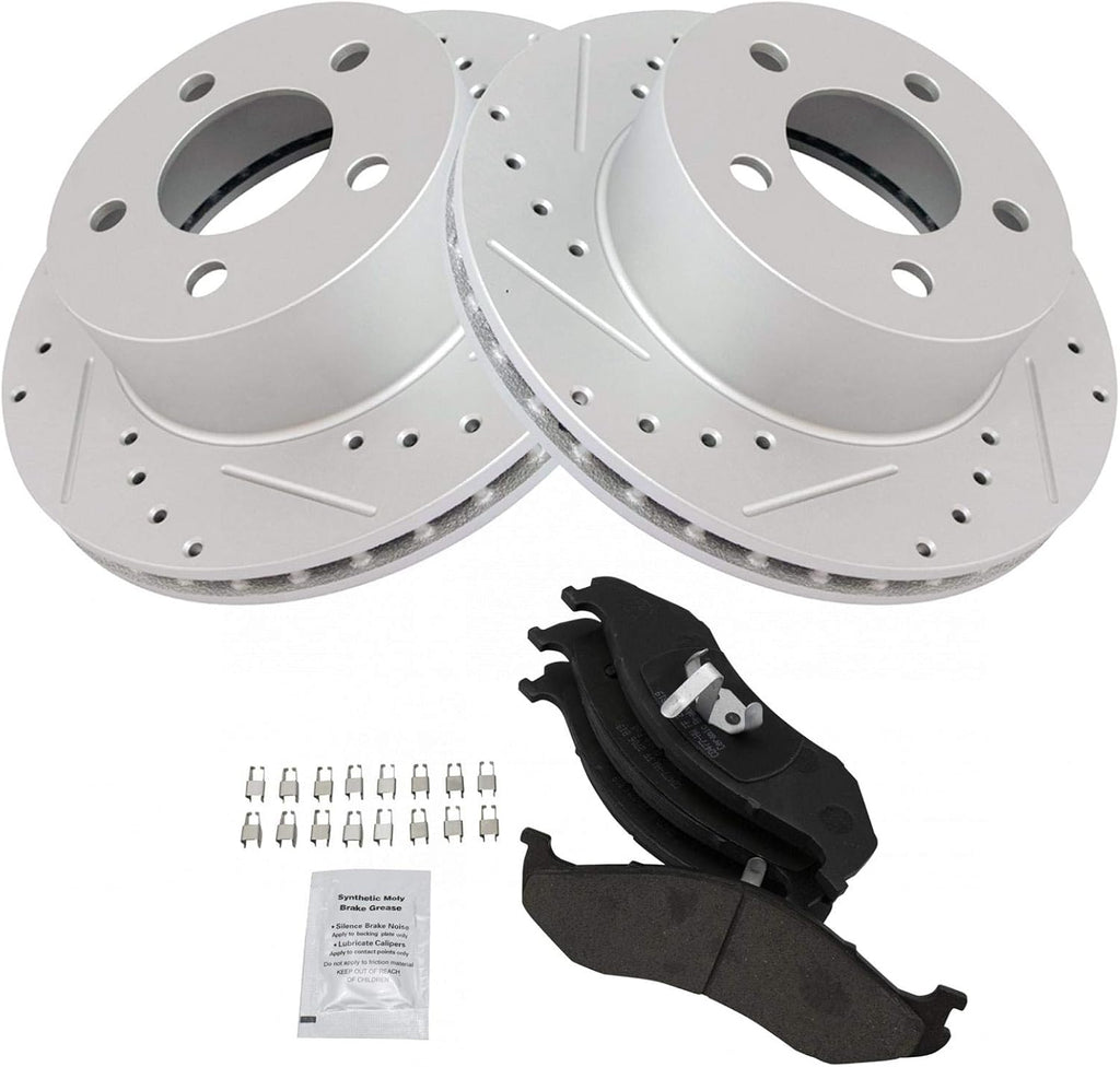 TRQ Performance Front Brake Pad and Rotor Set Ceramic Drilled Slotted Coated Vented Rotors Compatible with 90-98 Jeep Cherokee 90-92 Comanche 93-98 Grand Cherokee 90-99 Wrangler 1990 Wagoneer
