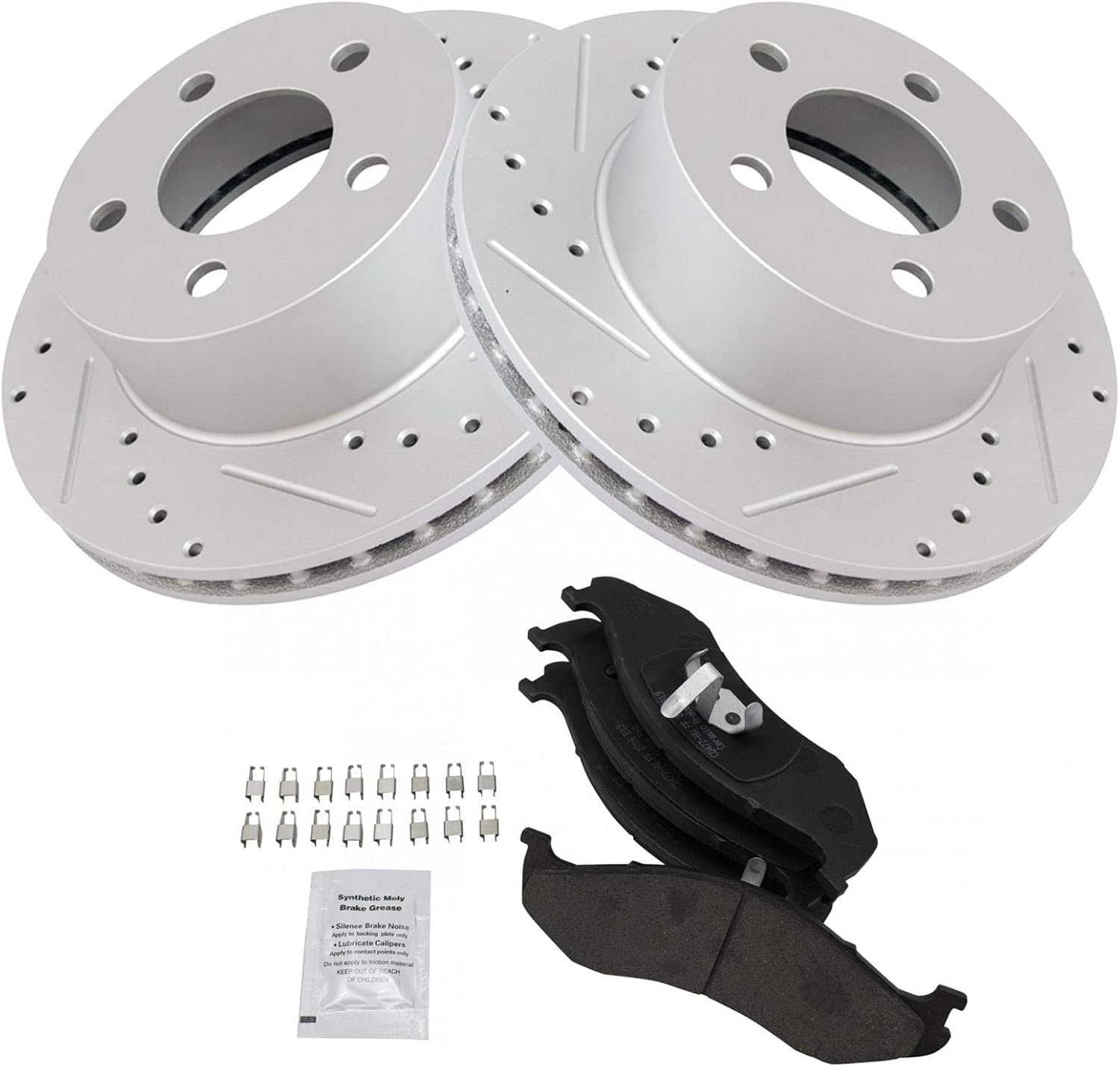 TRQ Performance Front Brake Pad and Rotor Set Ceramic Drilled Slotted Coated Vented Rotors Compatible with 90-98 Jeep Cherokee 90-92 Comanche 93-98 Grand Cherokee 90-99 Wrangler 1990 Wagoneer