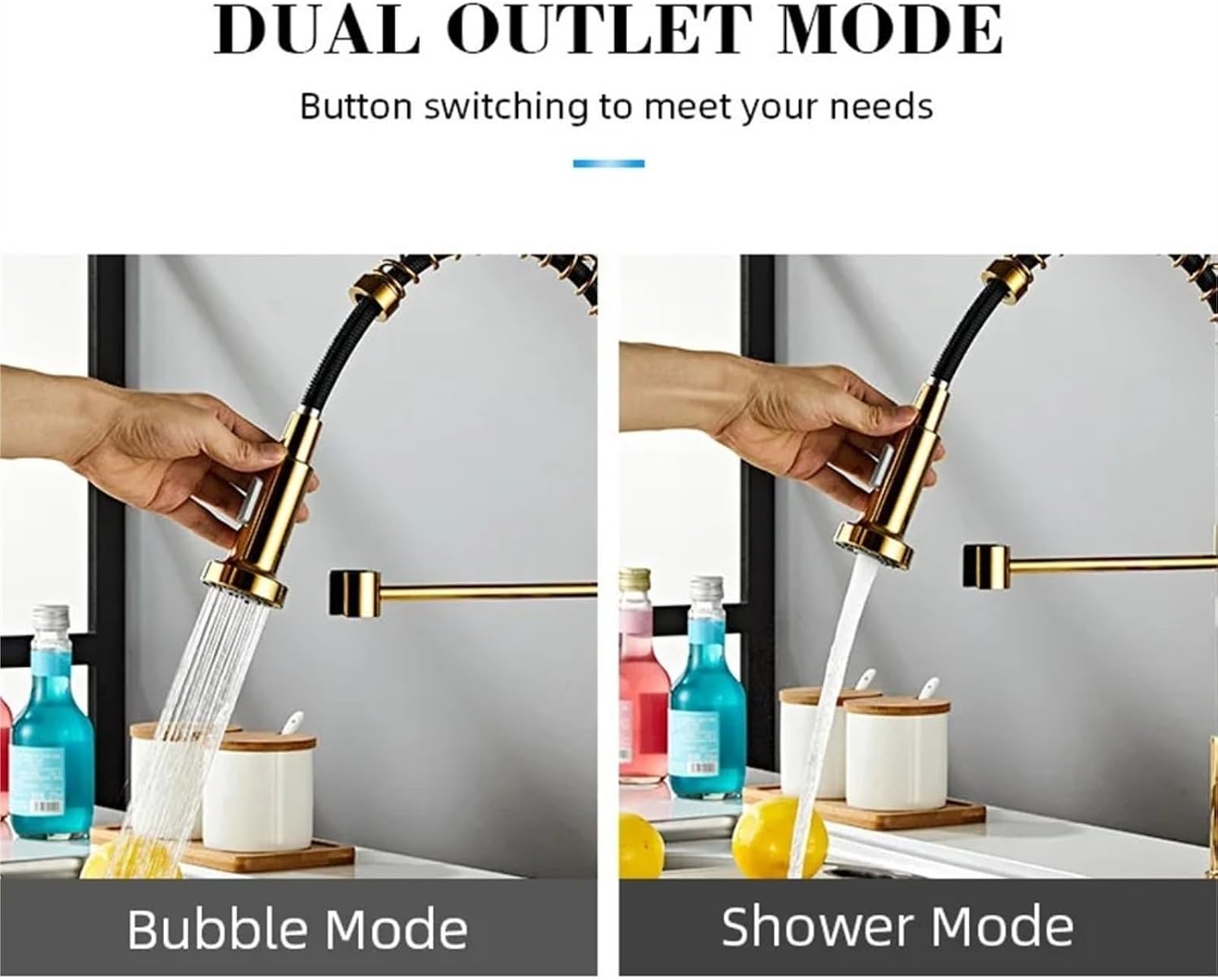 Kitchen Faucet Hot and Cold Spring Brass 360° Rotating Sink Tap Two Function Spray(Gold)