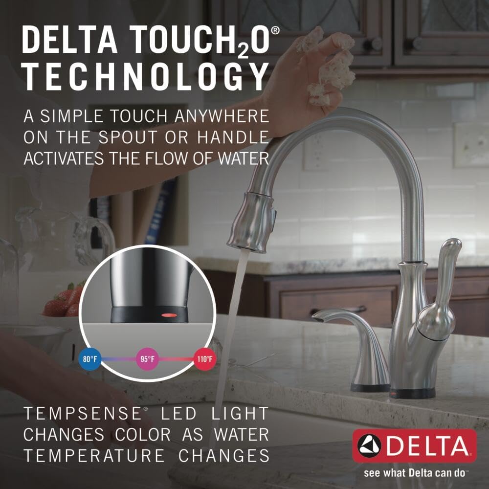 Delta Leland Brushed Nickel Touch Kitchen Faucet with Pull Down Sprayer, Traditional Single Hole Touch On Kitchen Sink Faucet, Single Handle, Arctic Stainless 9178T-AR-DST