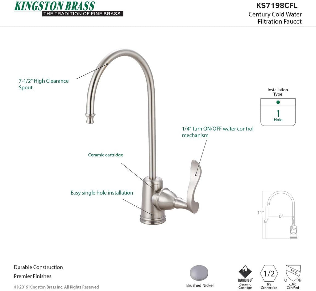 Kingston Brass Gourmetier KS7198CFL Century Single Handle Water Filtration Faucet, Brushed Nickel