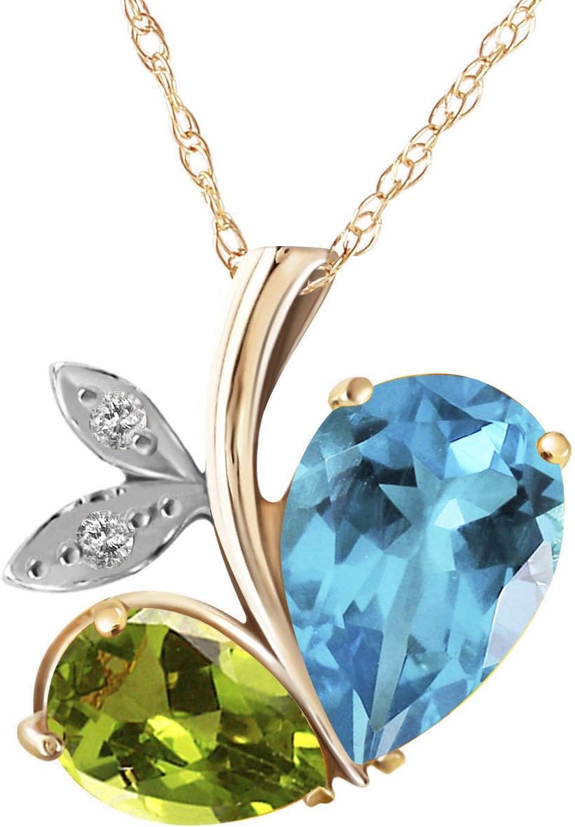 Galaxy Gold GG 5.26 CTW 14k Solid Gold Modern Heart Necklace Combination of Natural Blue Topaz, Peridot and Diamonds