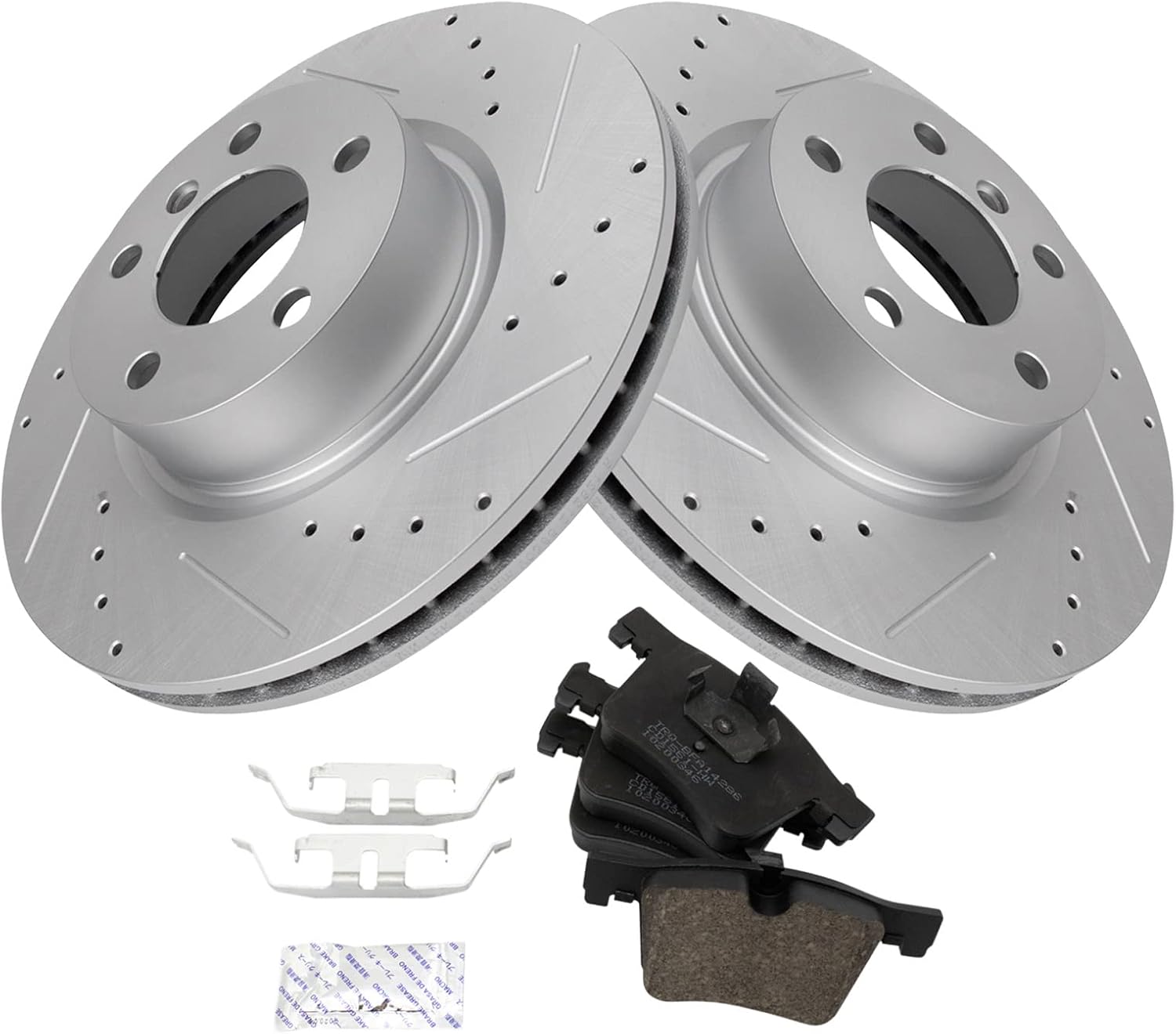 TRQ Performance Front Brake Pad and Rotor Set Ceramic Drilled Slotted G Coated Rotors Compatible with 2011-2017 BMW X3 2015-2018 X4