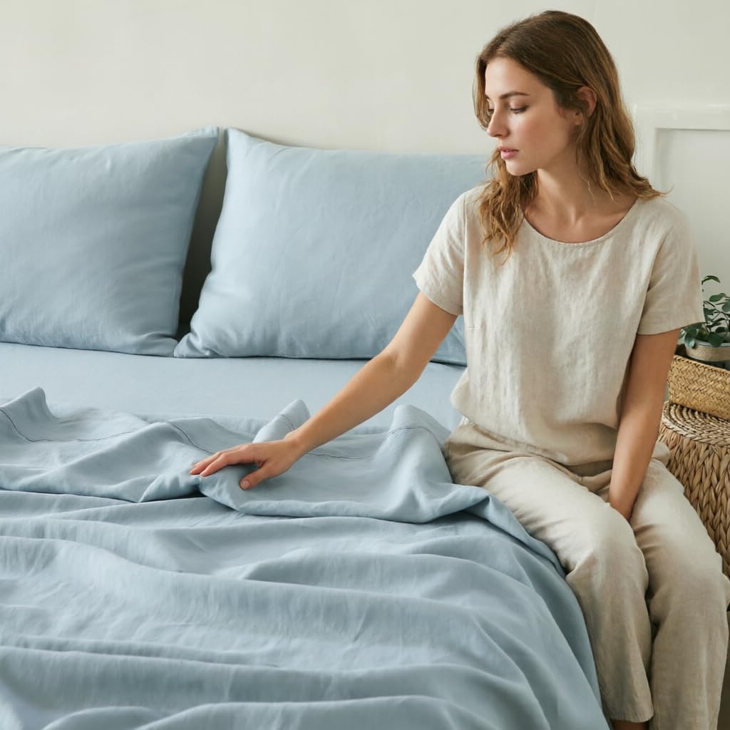 Simple&Opulence 100% Pure Linen Sheet Set Queen Size, Natural French Flax Solid Color 4 Pcs Washed Breathable, Farmhouse Bedding (1 Flat Sheet,1 Fitted Sheet,2 Pillowcases)-Embroidery Dusty Blue