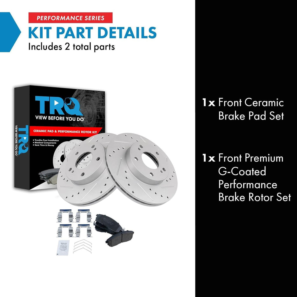 TRQ Performance Front Brake Pad and Rotor Set Ceramic Coated Drilled Slotted Rotors Compatible with 1996-1999 Infiniti I30 1989-1999 Nissan Maxima