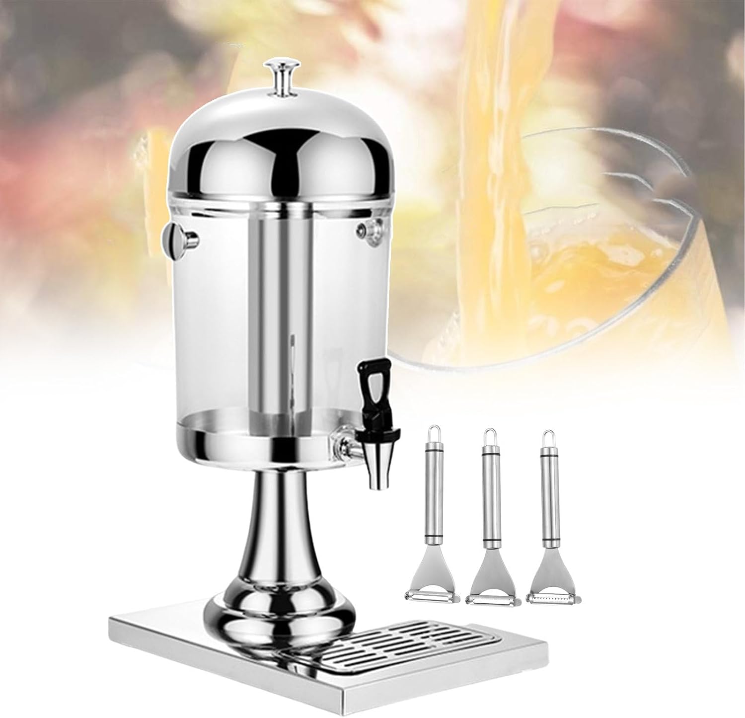 Beverage Juice Dispensers with Stainless Steel Faucet for Parties, Cold and Hot Drinks Dispenser 8Liter Capacity Self Service Cold Drink Machine for Commercial,Gold (Silver)
