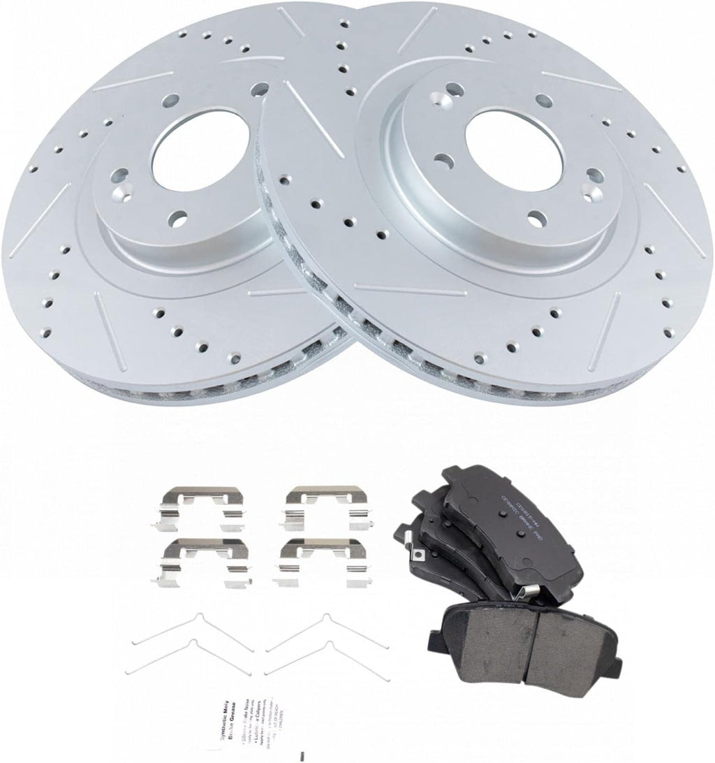 TRQ Performance Front Ceramic Brake Pad and Rotor Set Coated Drilled Slotted Compatible with 16 Hyundai Santa Fe Sport From 11/25/15 Production Date, 17-18 Hyundai Santa Fe Sport, 16-20 Kia Sorento