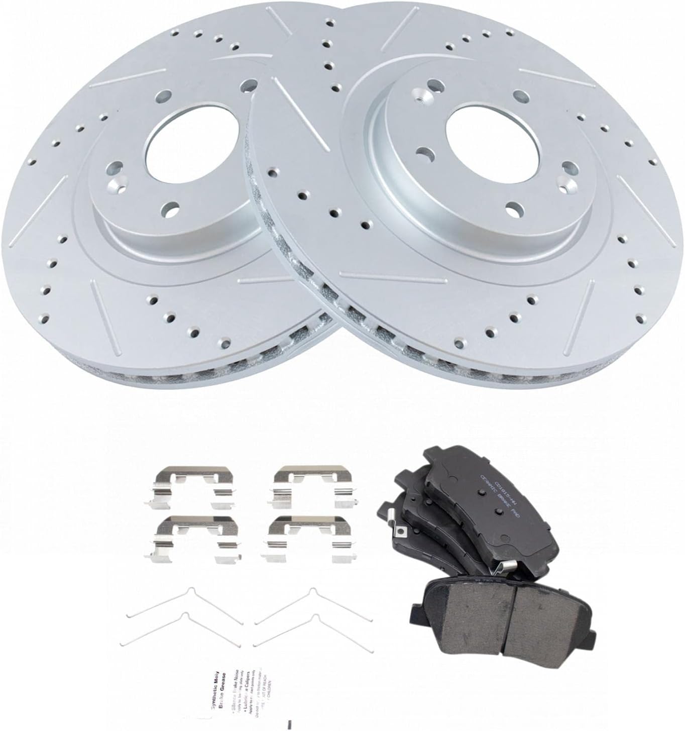 TRQ Performance Front Ceramic Brake Pad and Rotor Set Coated Drilled Slotted Compatible with 16 Hyundai Santa Fe Sport From 11/25/15 Production Date, 17-18 Hyundai Santa Fe Sport, 16-20 Kia Sorento