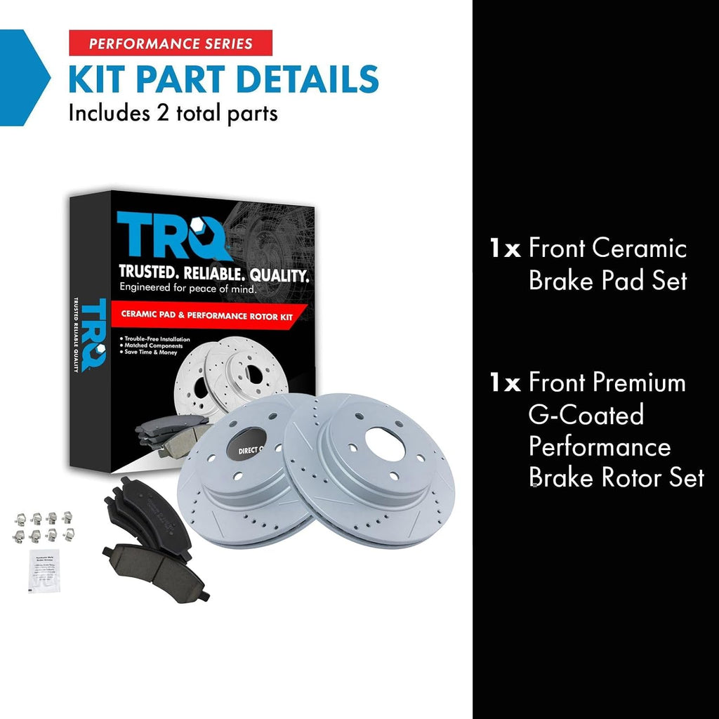 TRQ Performance Front Brake Pad and Rotor Set Ceramic Coated Drilled Slotted Vented Rotors Compatible with 07-09 Chrysler Aspen Dodge Durango 06-10 Ram 1500 11-18 Ram 1500 19-21 1500 Classic