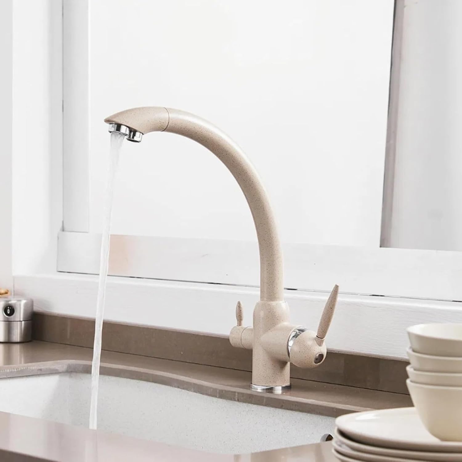 Kitchen 3 Way Faucets Mixer Brass 3 Way Faucets for Kitchen Sink Double Outlet Hot and Cold Water-Oatmeal Color
