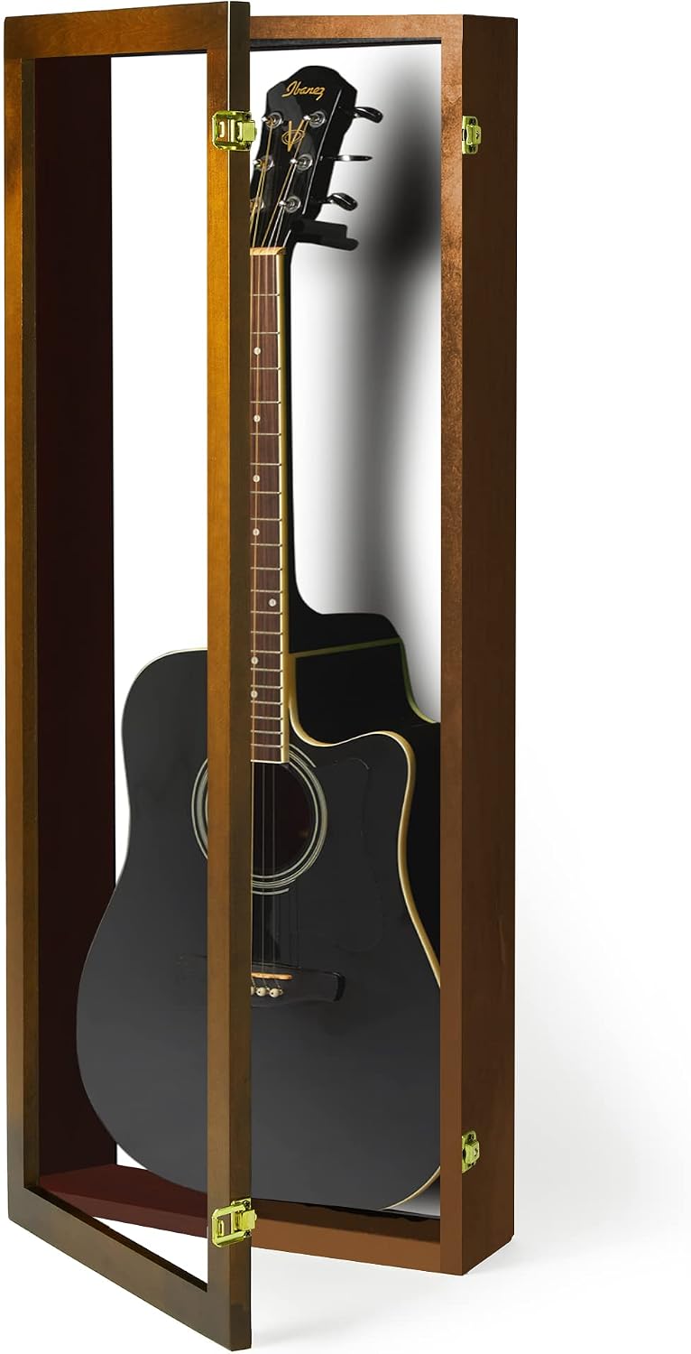 PENNZONI Acoustic Guitar Display Case - Acrylic Acoustic Guitar Case - Guitar Display Case Wall Mount Made from Hardwood Frame & Clear Acrylic - Walnut w/Felt White