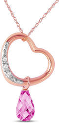Galaxy Gold GG 14K Gold Open Heart with Genuine Diamond and Pink Topaz Pendant Necklace