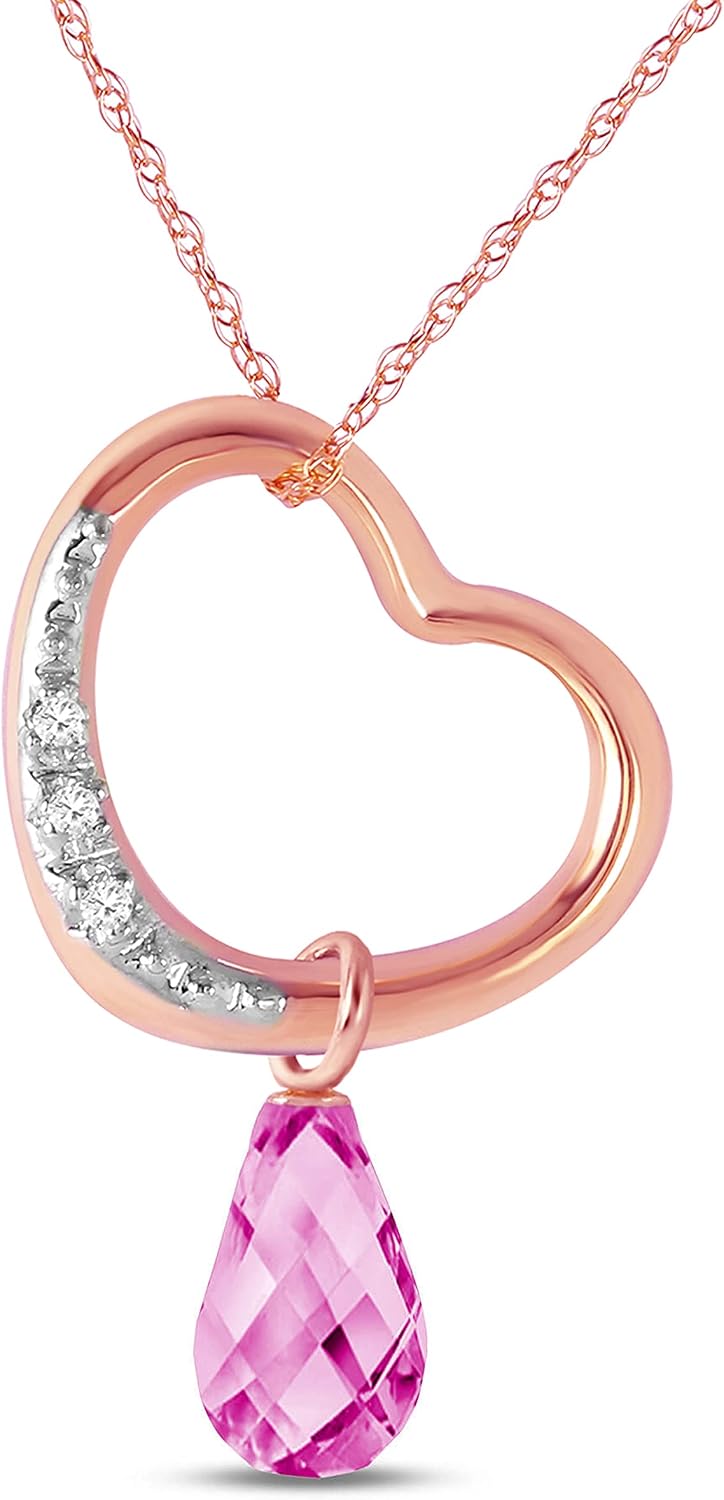 Galaxy Gold GG 14K Gold Open Heart with Genuine Diamond and Pink Topaz Pendant Necklace