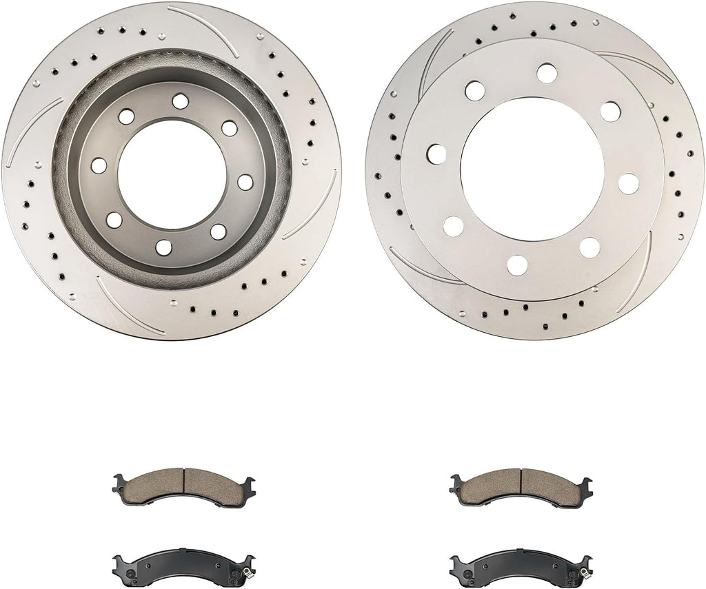 KAX Front Brake Kit, Drilled and Slotted Brake Rotors, Ceramic Brake Pads | Fits Dodge Ram 2500 2000-2002, Dodge Ram 3500 2000-2002, Automotive Replacement Brake Kit