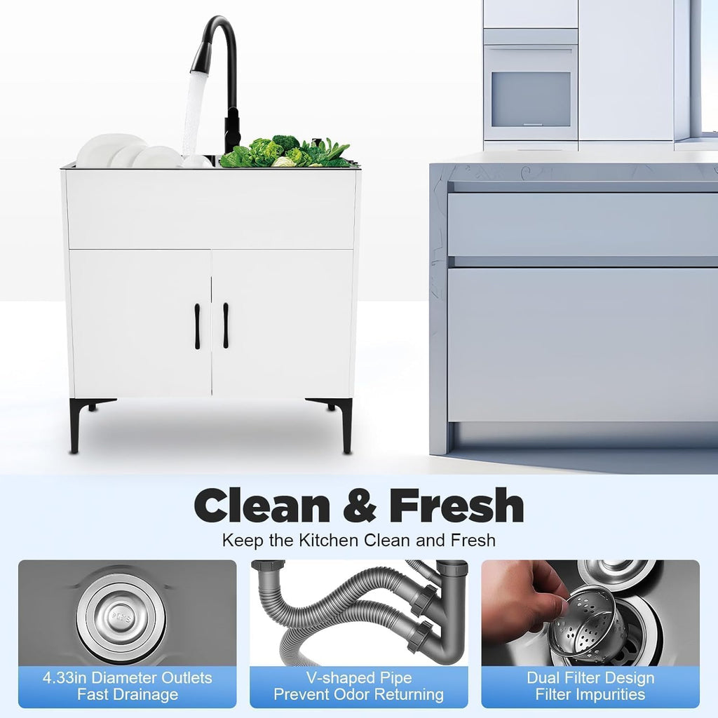 30-Inch Laundry Sink with Cabinet and Pull-Out Sprayer Fauce, Freestanding Kitchen Sink Cabinet w/Stainless Steel Double Sink & Draining Basket, Wash Station Tub for Laundry & Utility Room, Bathroom