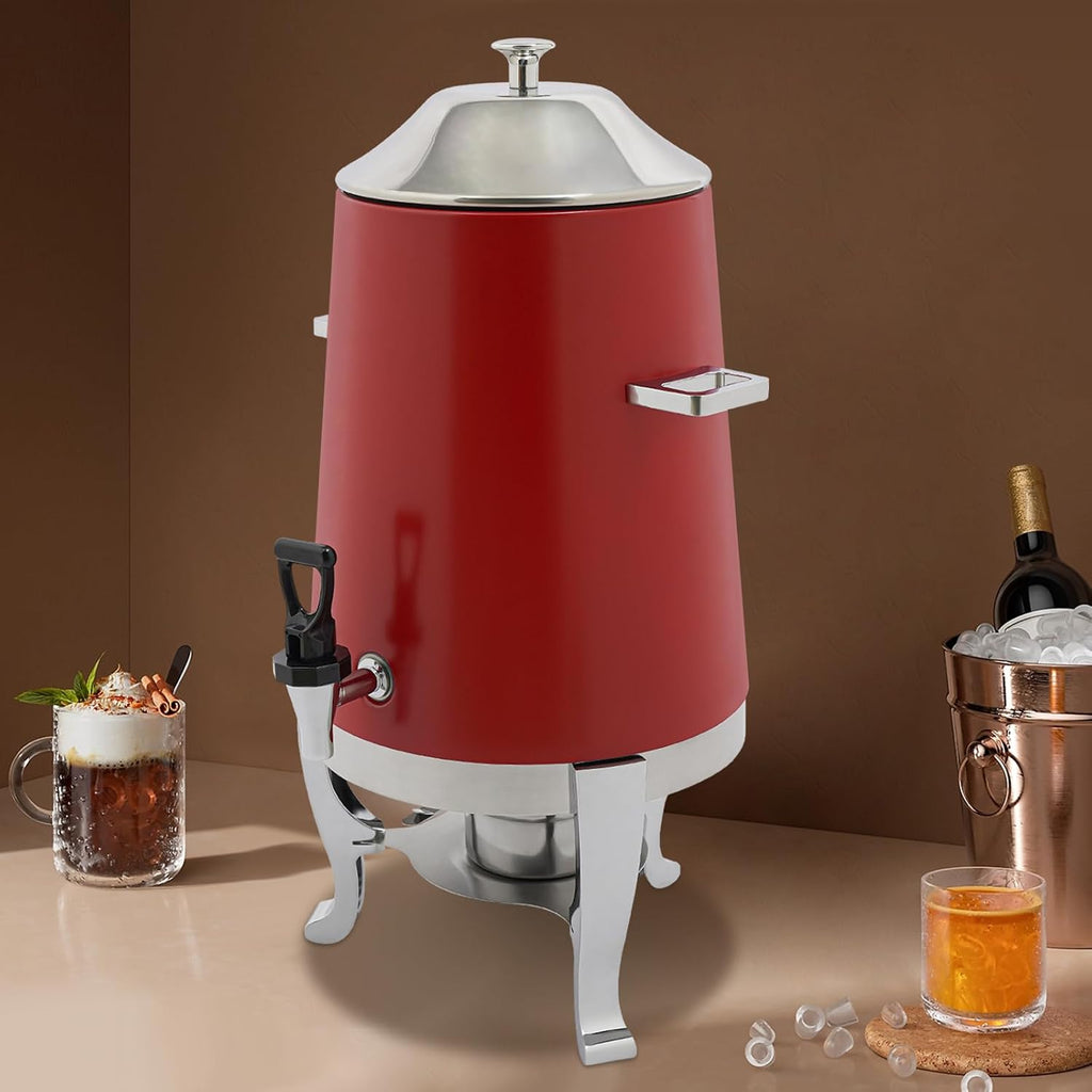 Coffee Urn With Fuel Holder, 3.5 Gallon/13L Stainless Steel Beverage Dispensers for Coffee Tea Hot Water, Hot Drink Dispenser with Stand, Chafer Urn with Spigot for Parties Catering (Red)