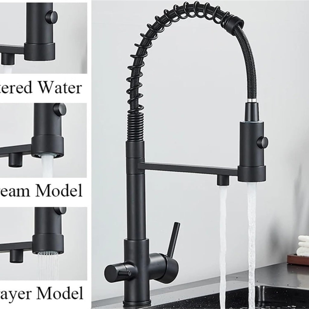 Filtered Kitchen Faucet Pure Drinking Water Brass Kitchen Tap Daul Spout Water Purifier Faucet(Matte Black)