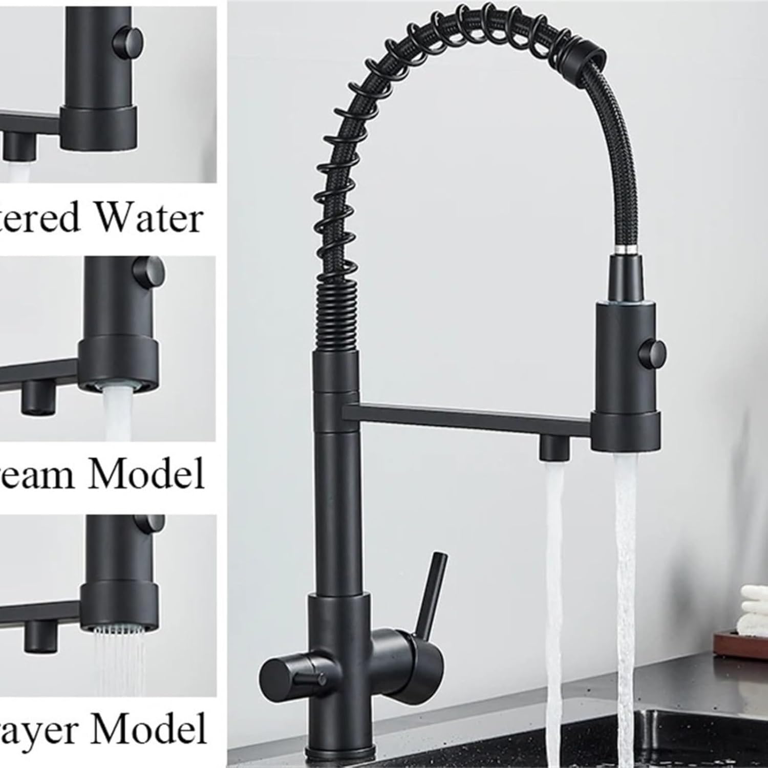 Filtered Kitchen Faucet Pure Drinking Water Brass Kitchen Tap Daul Spout Water Purifier Faucet(Matte Black)