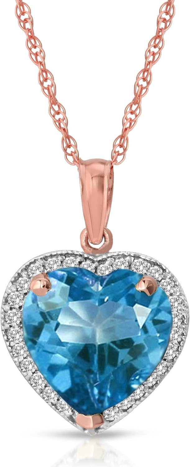 Galaxy Gold GG 14K Solid Gold, Natural Blue Topaz and Diamond Pendant Necklace for Women - 14-24 Inch Available, Fine Jewelry for Women
