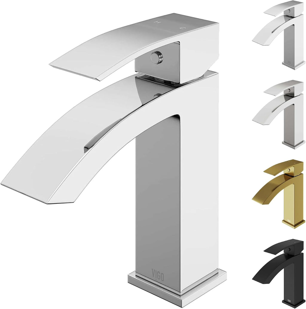 VIGO Satro Waterfall Single-Handle Single-Hole Mount Bathroom Sink Faucet, 7-Inch, Chrome, Modern Design, Solid Brass, 1.2 GPM WaterSense & Ceramic Disc Valve, Corrosion-Resistant