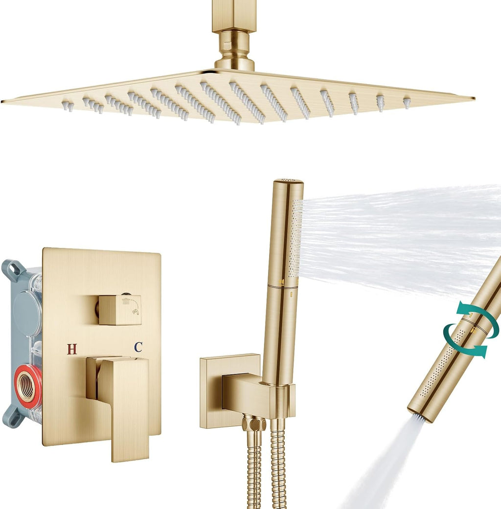 Aolemi Ceiling Mount Shower Faucet Set,Shower System Rain Showerhead and Handheld Spray Combo High-Pressure Showerheads Set with Valve and Trim Kit Rough-in Valve,12 Inch Brushed Gold