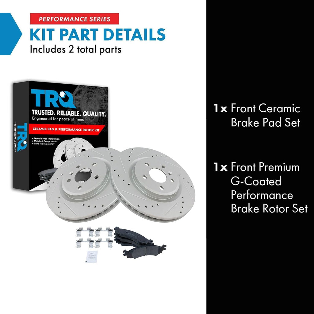 TRQ Performance Front Brake Pad and Rotor Set Ceramic Coated Drilled Slotted Compatible with 2010-2012 Ford Taurus